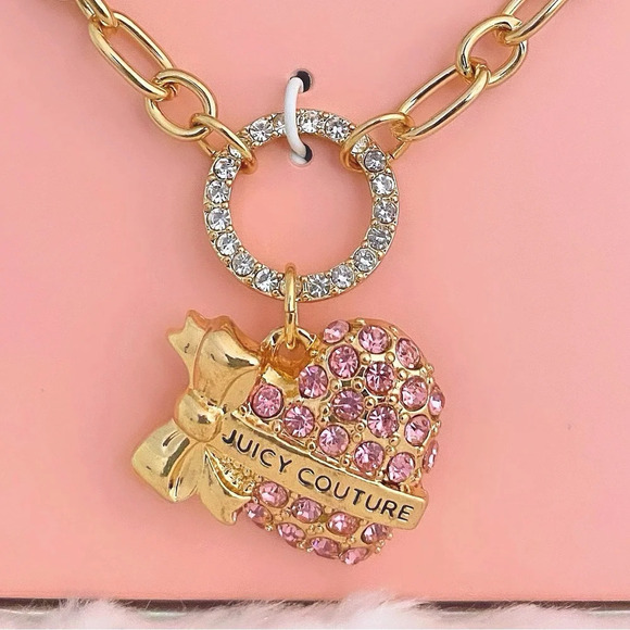 Juicy Couture Gold-Tone Pink Rhinestones Heart Charm Necklace & JC Earrings Set - Picture 5 of 7